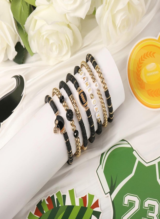 ecozran Gold Black Football Gameday Bracelet Set for Women 7 Pack Elastic Clay Bead Stackable Bracelets with Helmet Charms Perfect Jewelry Gift for Football Mom Dad Fan (Black Gold) - Image 2